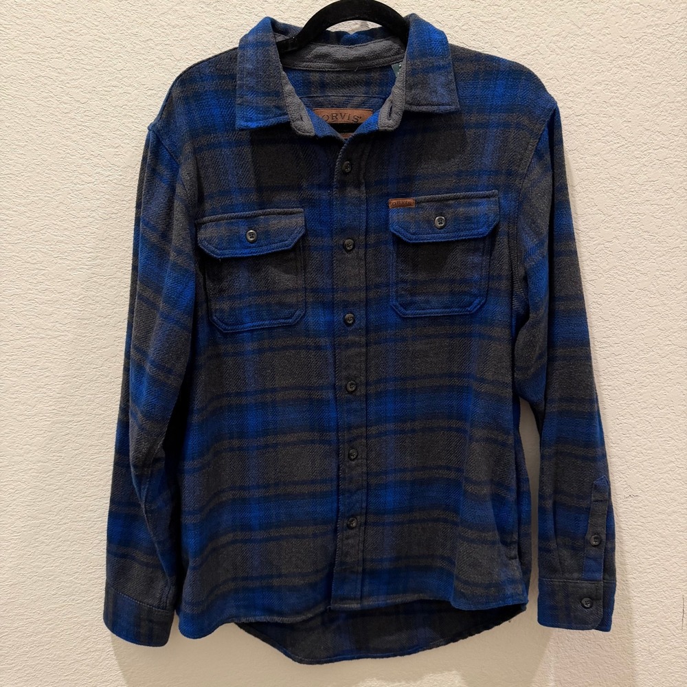 Orvis Mens Blue Charcoal Plaid Flannel Button Down Shirt Medium Classic M/M